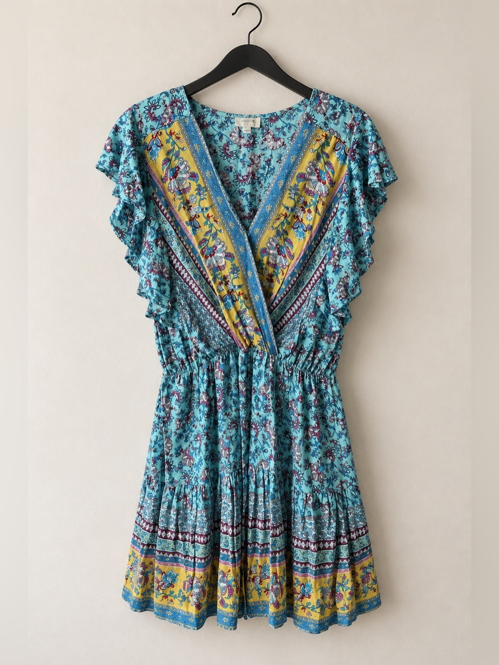 Sky Mix Boho Turquoise Placement Print Mini Dress Coadtal Umgee EUC L #1472